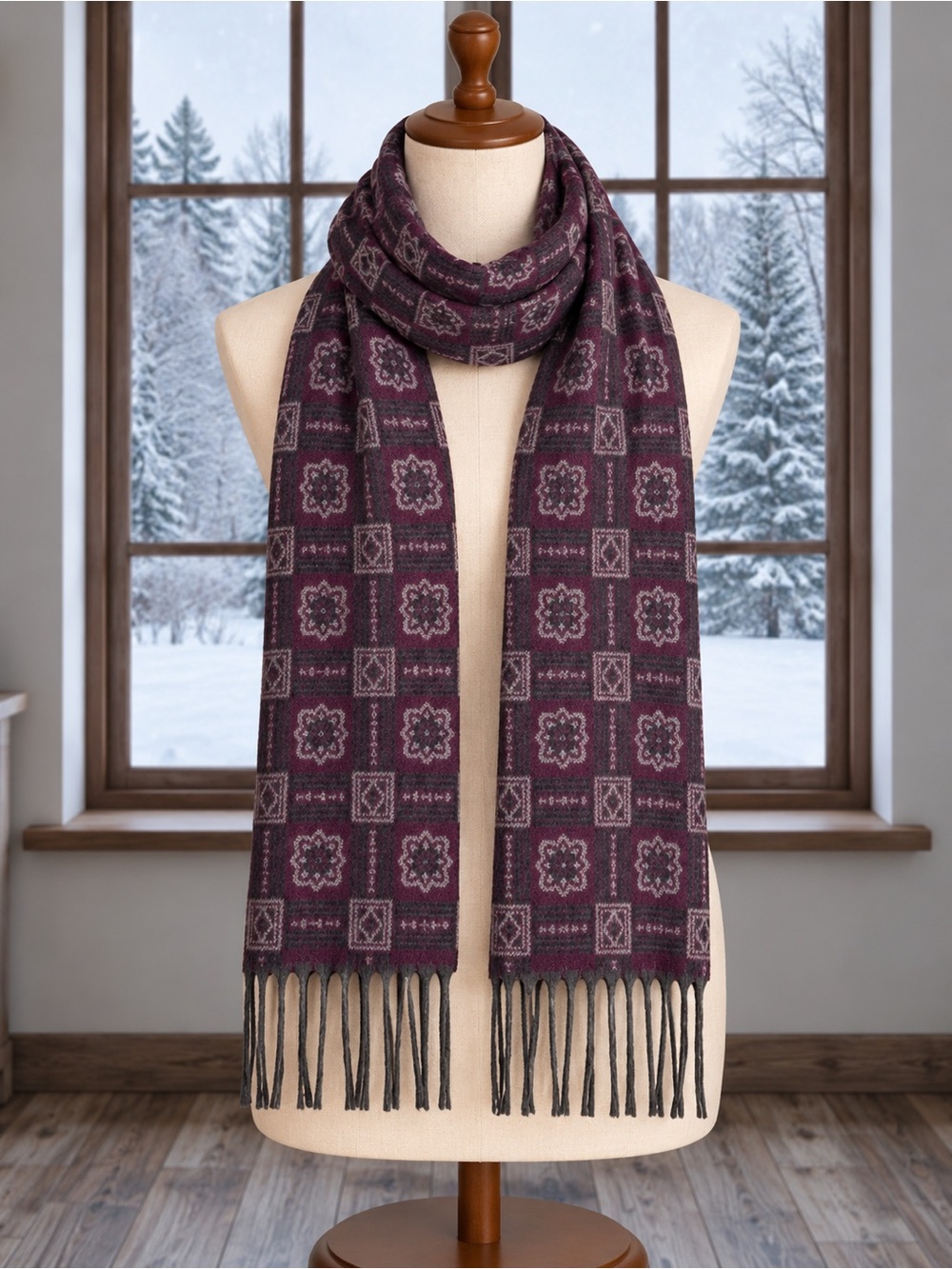 Vintage FRAAS Cashmink Scarf Burgundy Purple Geometric Pattern Fringed